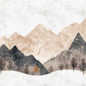 Paysage montagneux automnal avec arbres stylisés en aquarelle