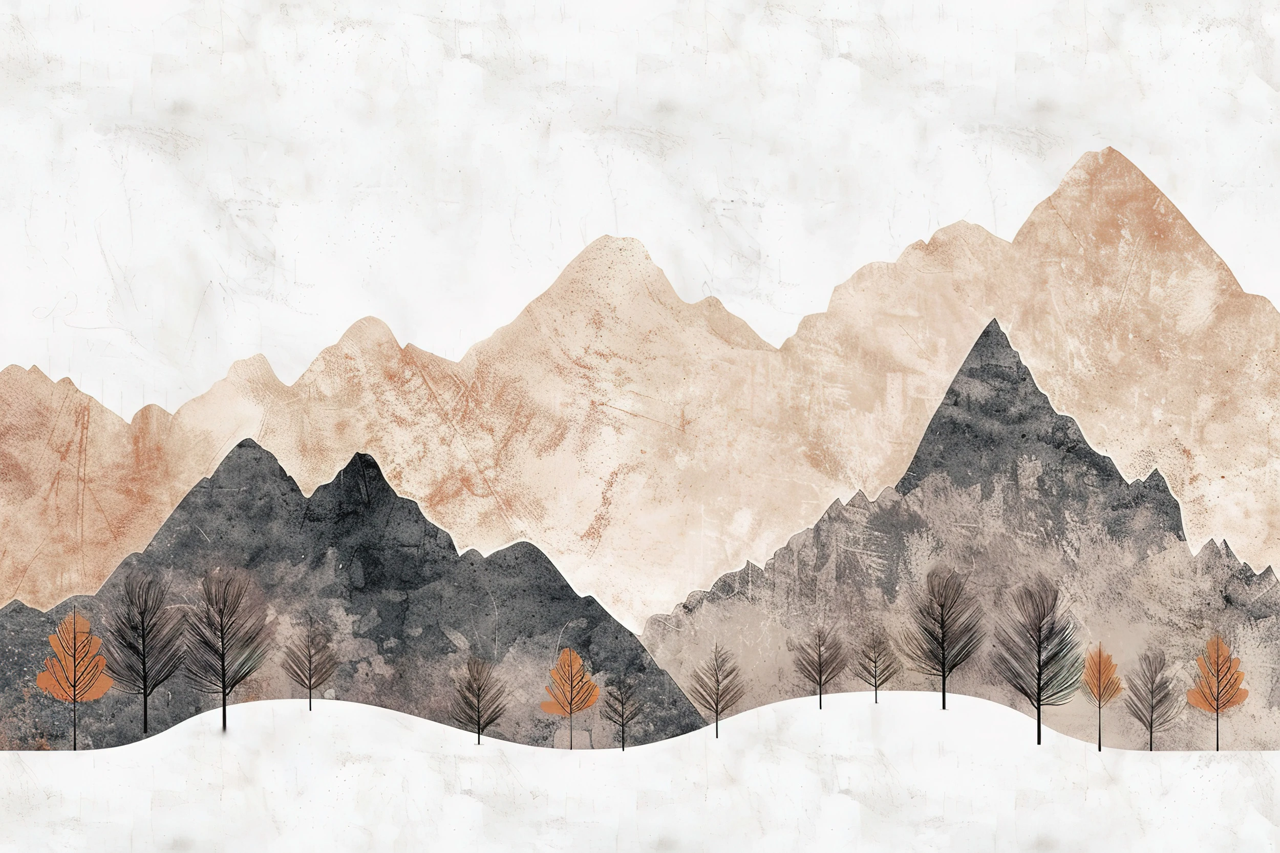 Paysage montagneux automnal avec arbres stylisés en aquarelle