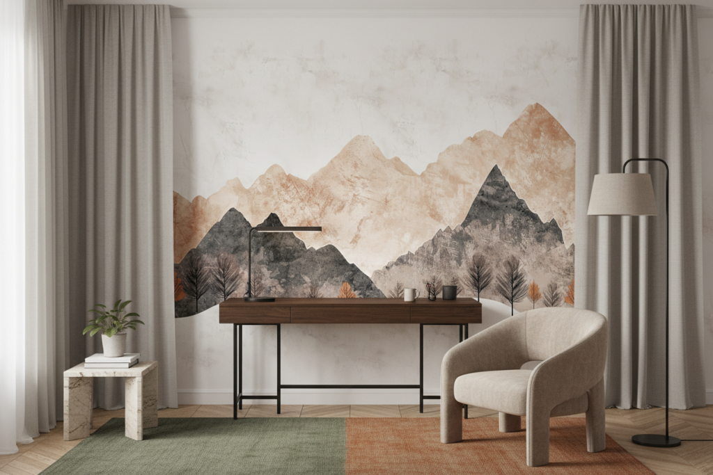 Paysage montagneux automnal avec arbres stylisés en aquarelle - Bureau