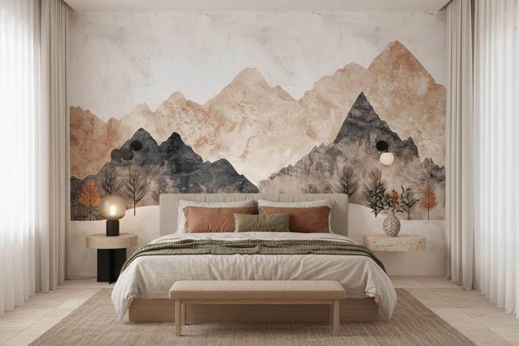 Paysage montagneux automnal avec arbres stylisés en aquarelle - Chambre adulte