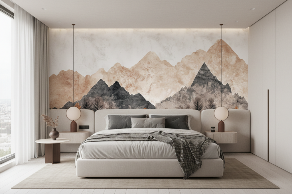 Paysage montagneux automnal avec arbres stylisés en aquarelle - Hôtel