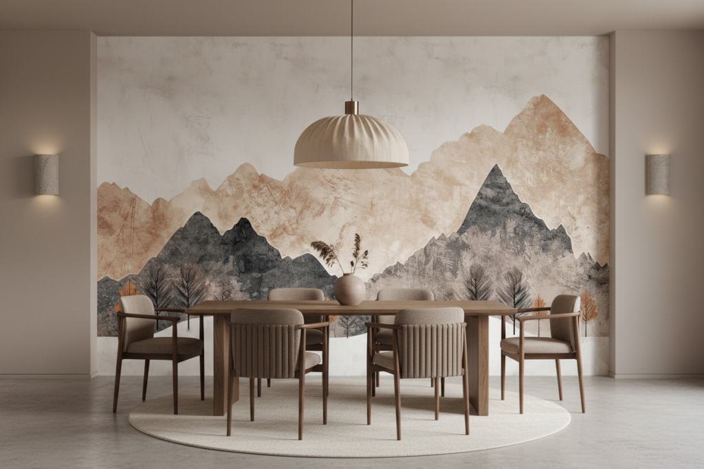 Paysage montagneux automnal avec arbres stylisés en aquarelle - Salle à manger