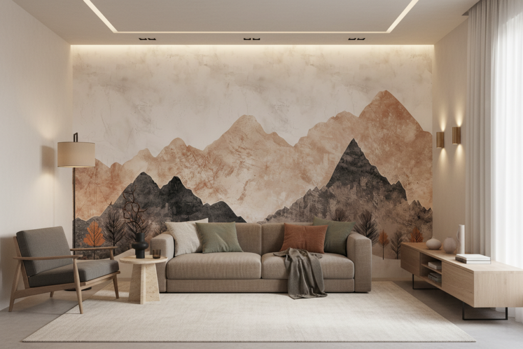 Paysage montagneux automnal avec arbres stylisés en aquarelle - Salon / Séjour