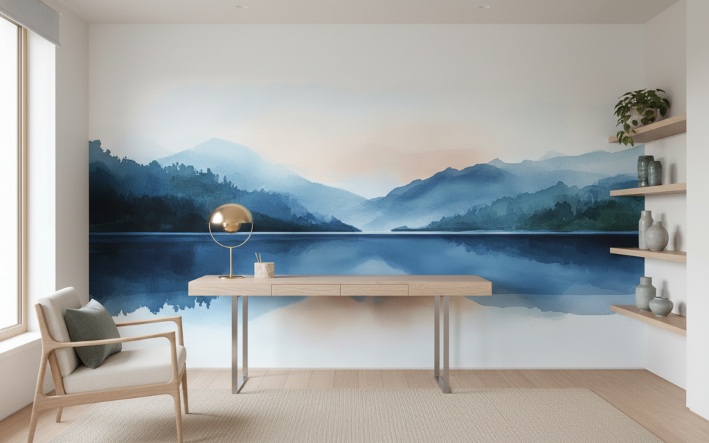 Paysage montagneux bleu avec reflets sur lac paisible et brume - Bureau