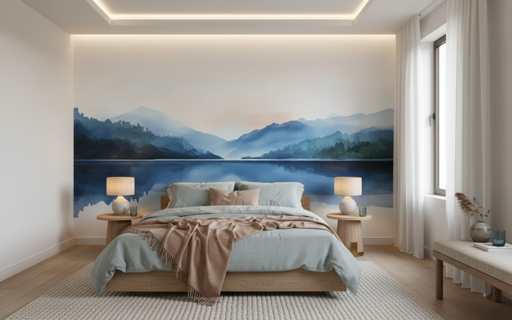 Paysage montagneux bleu avec reflets sur lac paisible et brume - Chambre adulte