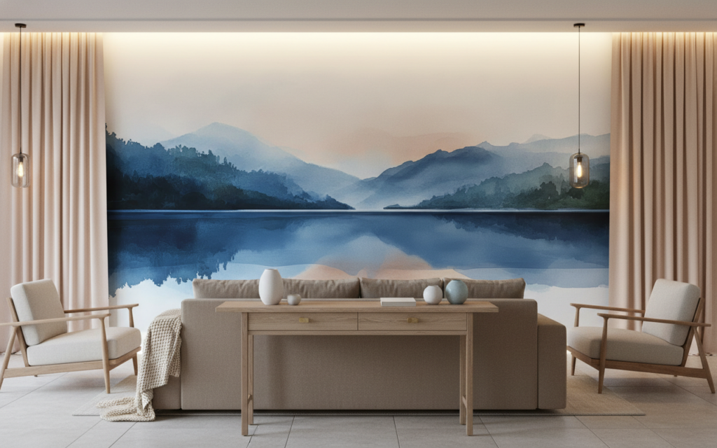 Paysage montagneux bleu avec reflets sur lac paisible et brume - Hôtel