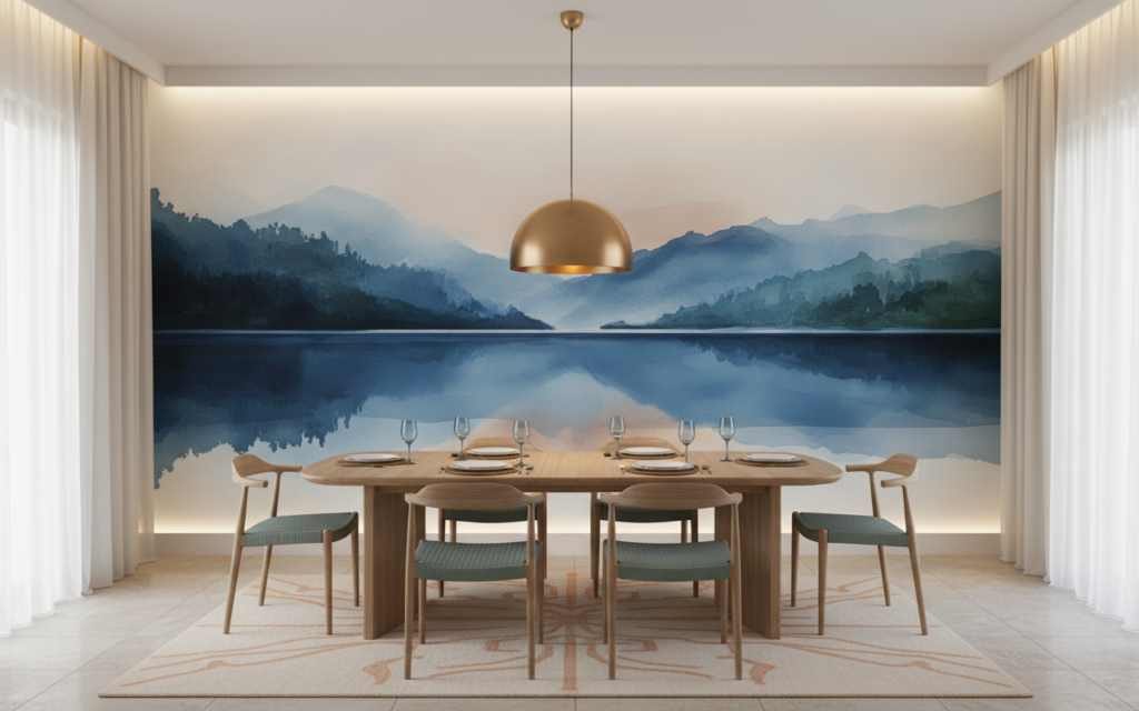Paysage montagneux bleu avec reflets sur lac paisible et brume - Salle à manger
