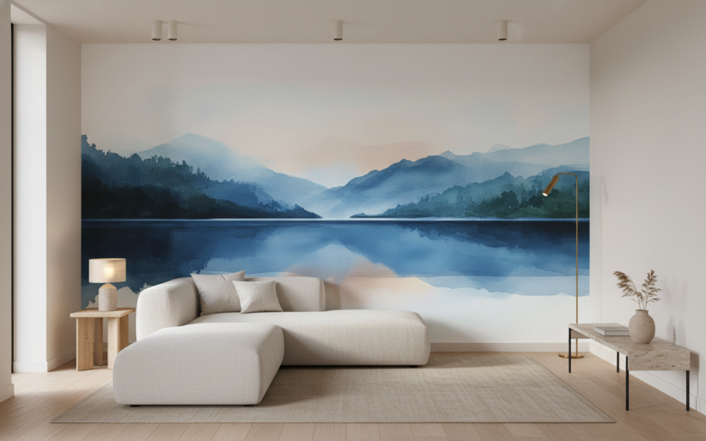 Paysage montagneux bleu avec reflets sur lac paisible et brume - Salon / Séjour