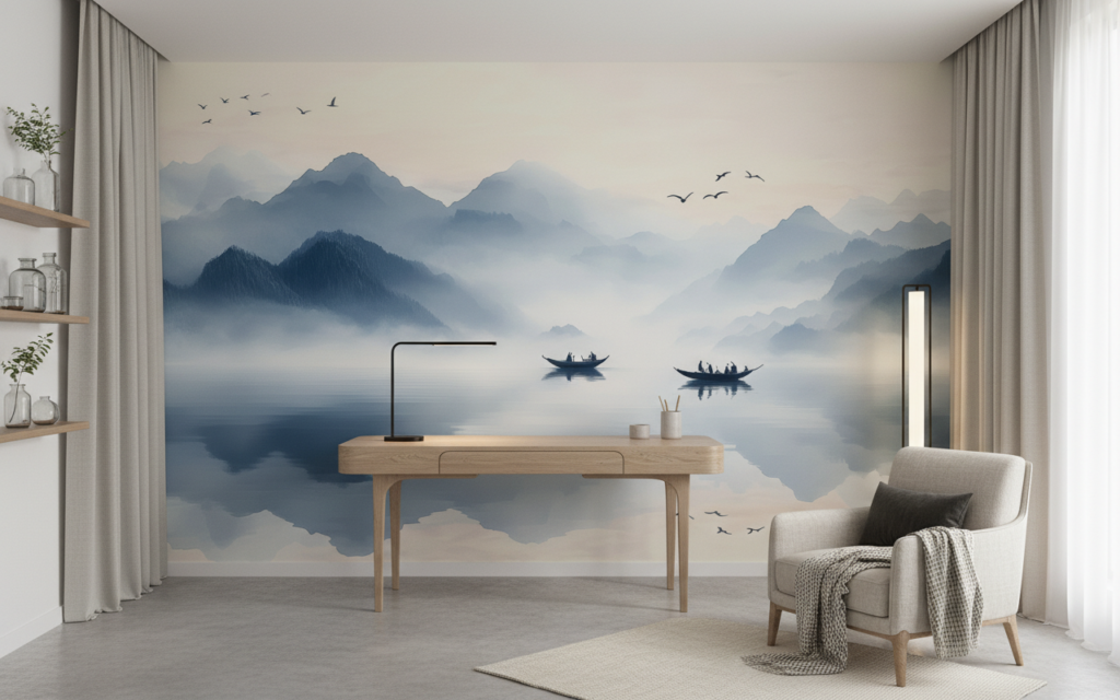 Paysage Montagneux Brumeux avec Barques sur Lac Paisible - Bureau