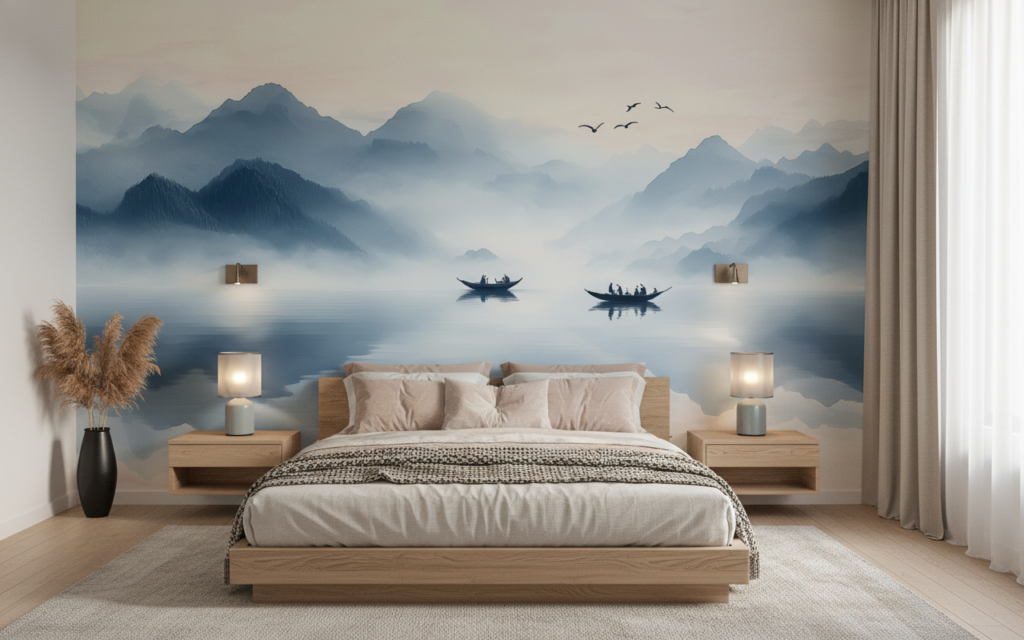 Paysage Montagneux Brumeux avec Barques sur Lac Paisible - Chambre adulte