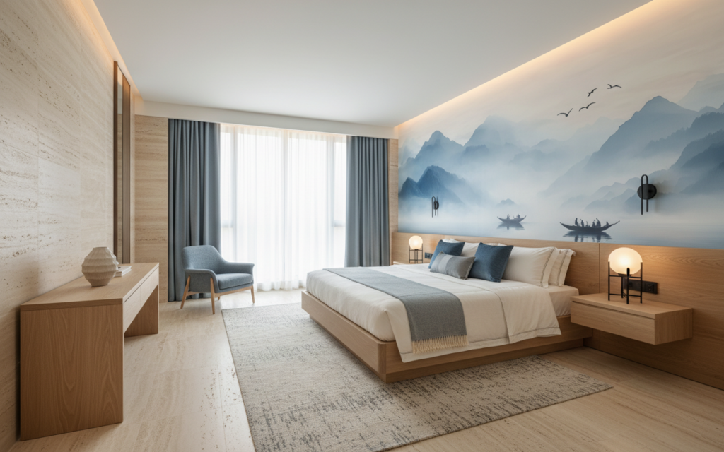 Paysage Montagneux Brumeux avec Barques sur Lac Paisible - Hôtel