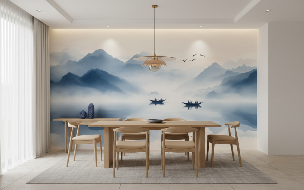 Paysage Montagneux Brumeux avec Barques sur Lac Paisible - Salle à manger