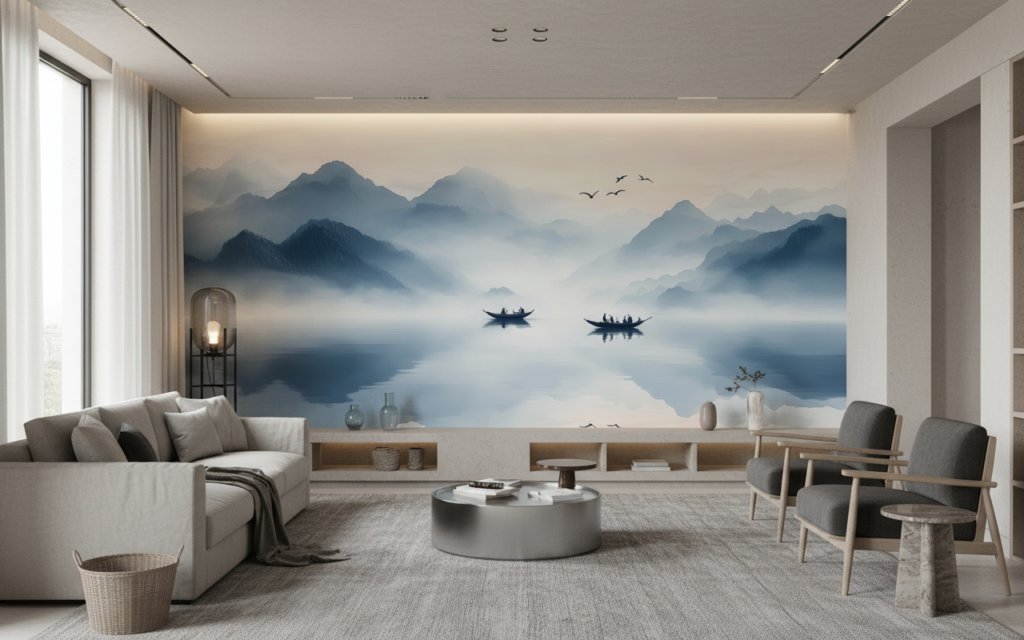 Paysage Montagneux Brumeux avec Barques sur Lac Paisible - Salon / Séjour