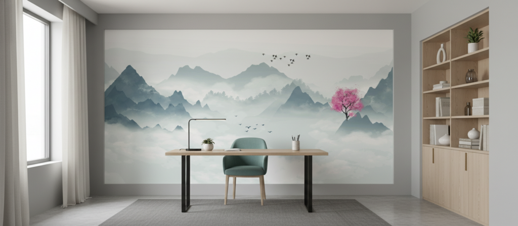 Paysage montagneux brumeux avec cerisier rose et bateau traditionnel - Bureau