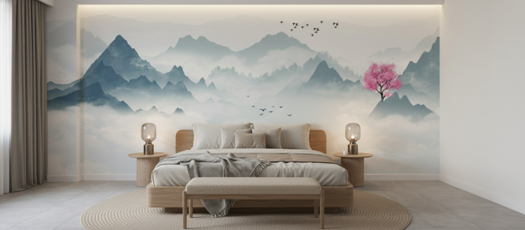 Paysage montagneux brumeux avec cerisier rose et bateau traditionnel - Chambre adulte