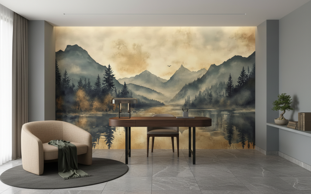 Paysage Montagneux Brumeux avec Lac et Forêts de Conifères - Bureau