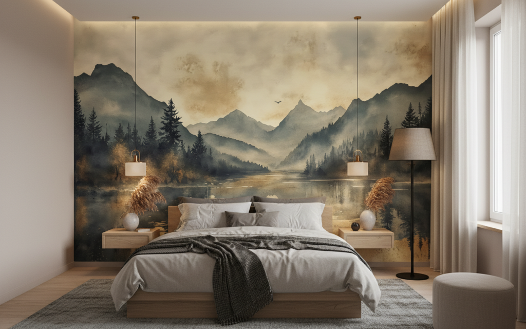 Paysage Montagneux Brumeux avec Lac et Forêts de Conifères - Chambre adulte