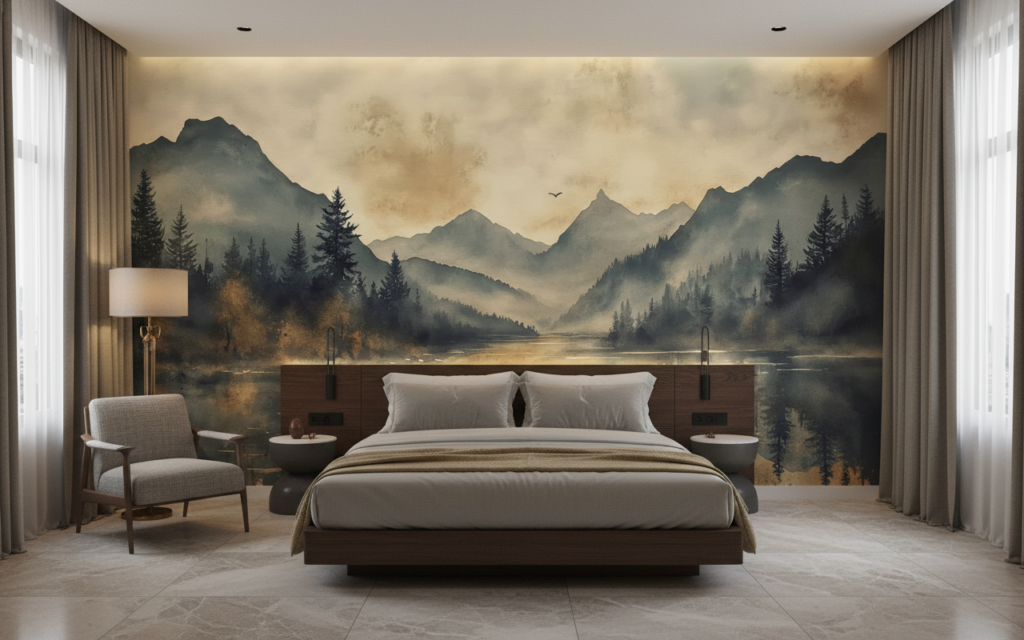 Paysage Montagneux Brumeux avec Lac et Forêts de Conifères - Hôtel