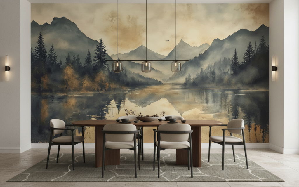 Paysage Montagneux Brumeux avec Lac et Forêts de Conifères - Salle à manger