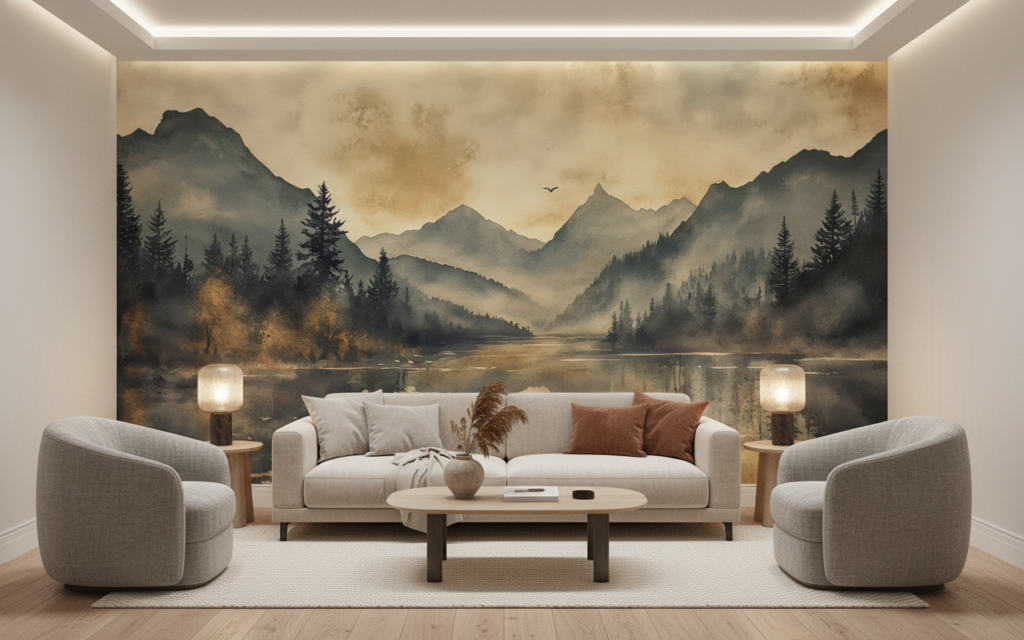 Paysage Montagneux Brumeux avec Lac et Forêts de Conifères - Salon / Séjour