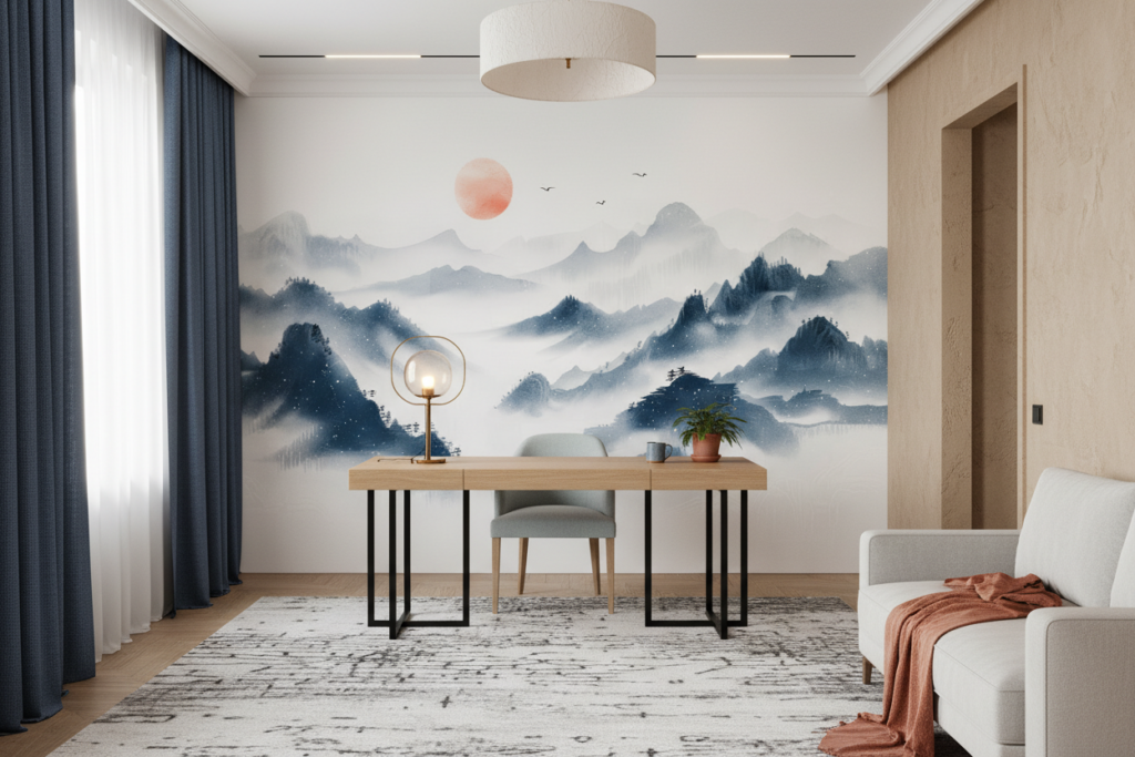 Paysage montagneux brumeux avec soleil corail style aquarelle asiatique - Bureau