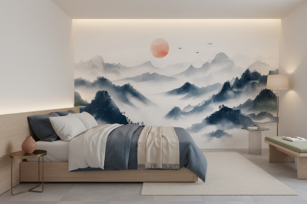 Paysage montagneux brumeux avec soleil corail style aquarelle asiatique - Chambre adulte