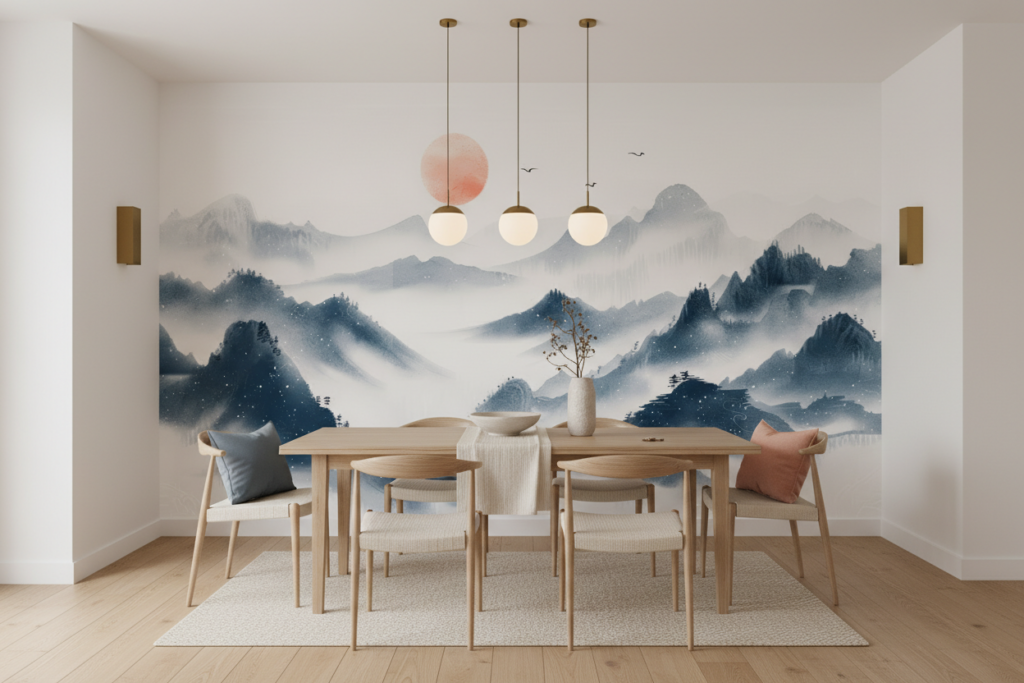 Paysage montagneux brumeux avec soleil corail style aquarelle asiatique - Salle à manger