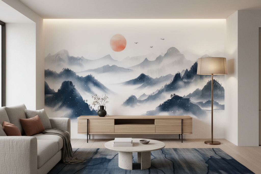 Paysage montagneux brumeux avec soleil corail style aquarelle asiatique - Salon / Séjour