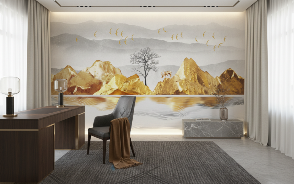 Paysage Montagneux Doré avec Lac et Oiseaux en Vol - Bureau