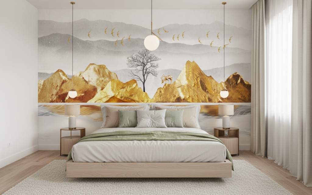 Paysage Montagneux Doré avec Lac et Oiseaux en Vol - Chambre adulte