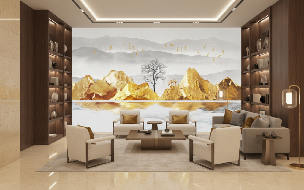 Paysage Montagneux Doré avec Lac et Oiseaux en Vol - Hôtel