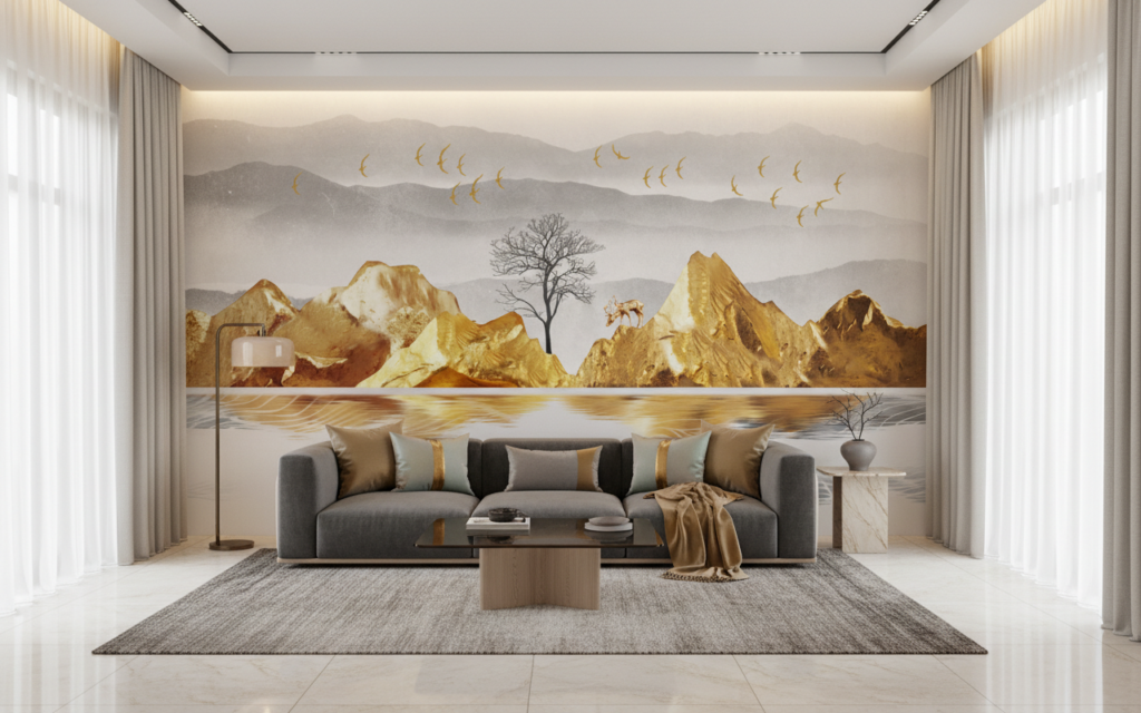 Paysage Montagneux Doré avec Lac et Oiseaux en Vol - Salon / Séjour