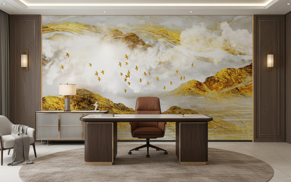 Paysage montagneux doré avec oiseaux en vol et brume - Bureau