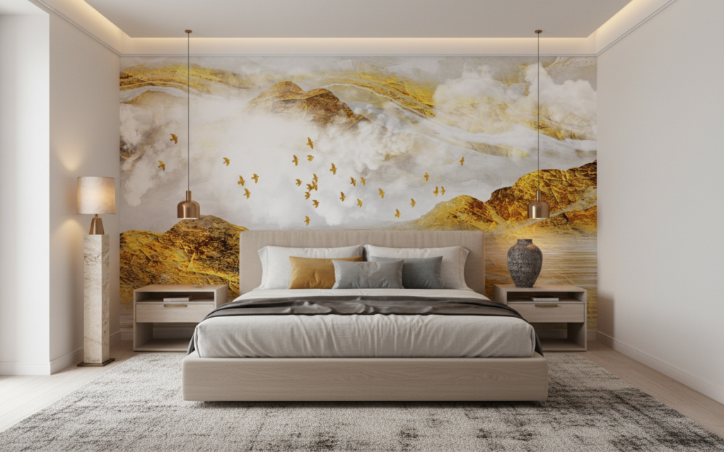 Paysage montagneux doré avec oiseaux en vol et brume - Chambre adulte