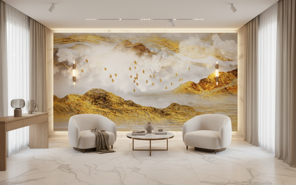 Paysage montagneux doré avec oiseaux en vol et brume - Hôtel