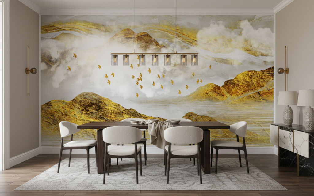 Paysage montagneux doré avec oiseaux en vol et brume - Salle à manger