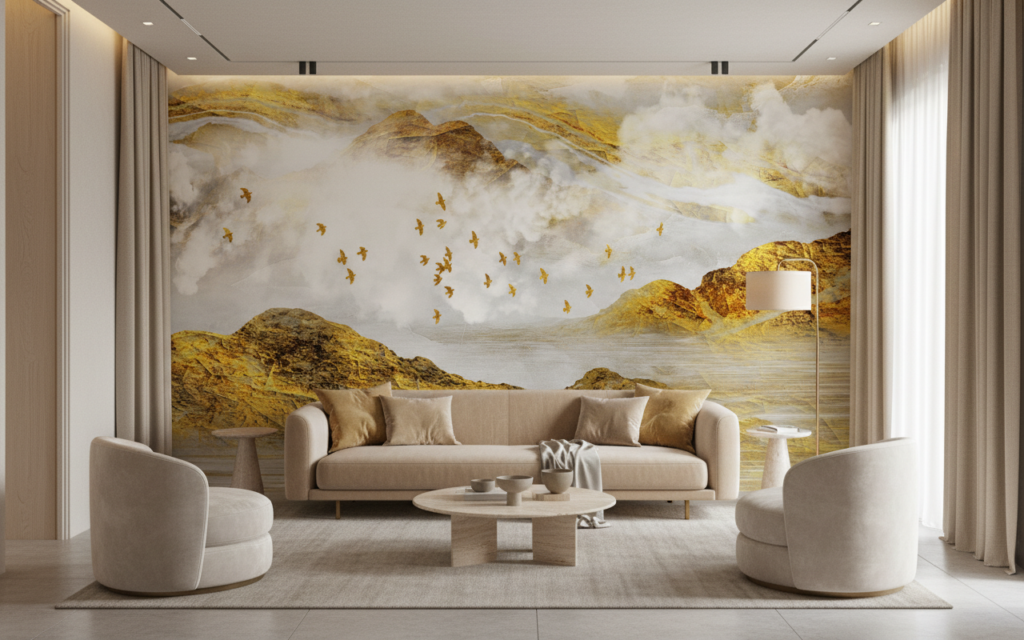 Paysage montagneux doré avec oiseaux en vol et brume - Salon / Séjour