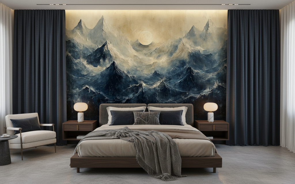 Paysage Montagneux Dramatique avec Lune Dorée et Brumes Mystérieuses - Chambre adulte