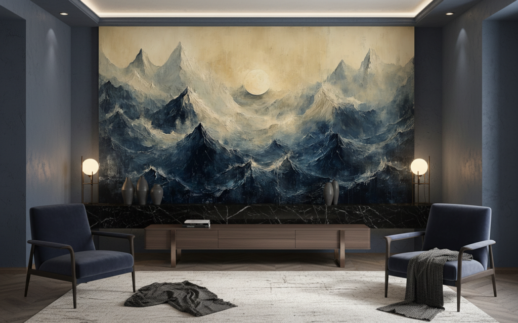 Paysage Montagneux Dramatique avec Lune Dorée et Brumes Mystérieuses - Hôtel