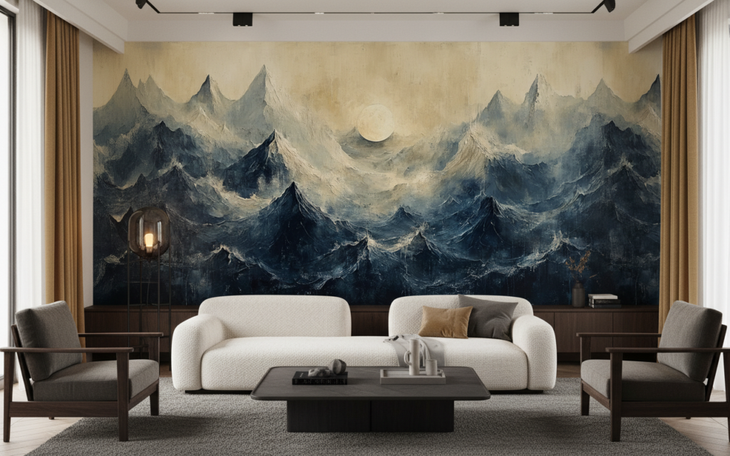 Paysage Montagneux Dramatique avec Lune Dorée et Brumes Mystérieuses - Salon / Séjour