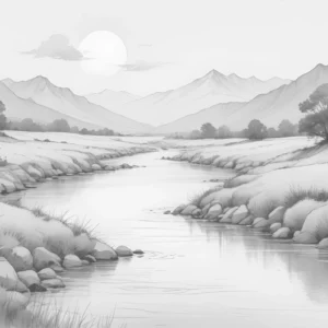 Paysage montagneux en noir et blanc avec rivière serpentine