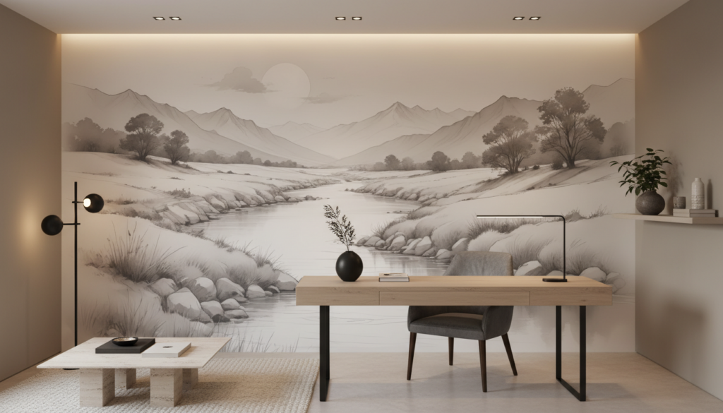 Paysage montagneux en noir et blanc avec rivière serpentine - Bureau