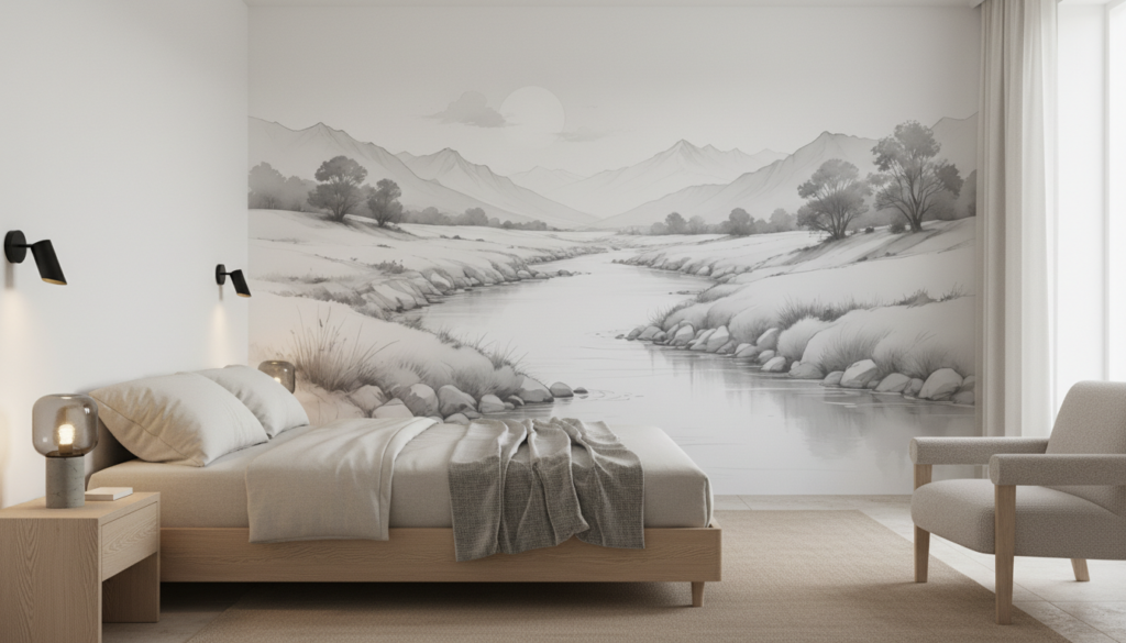 Paysage montagneux en noir et blanc avec rivière serpentine - Chambre adulte