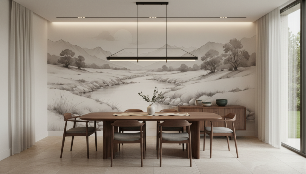 Paysage montagneux en noir et blanc avec rivière serpentine - Salle à manger