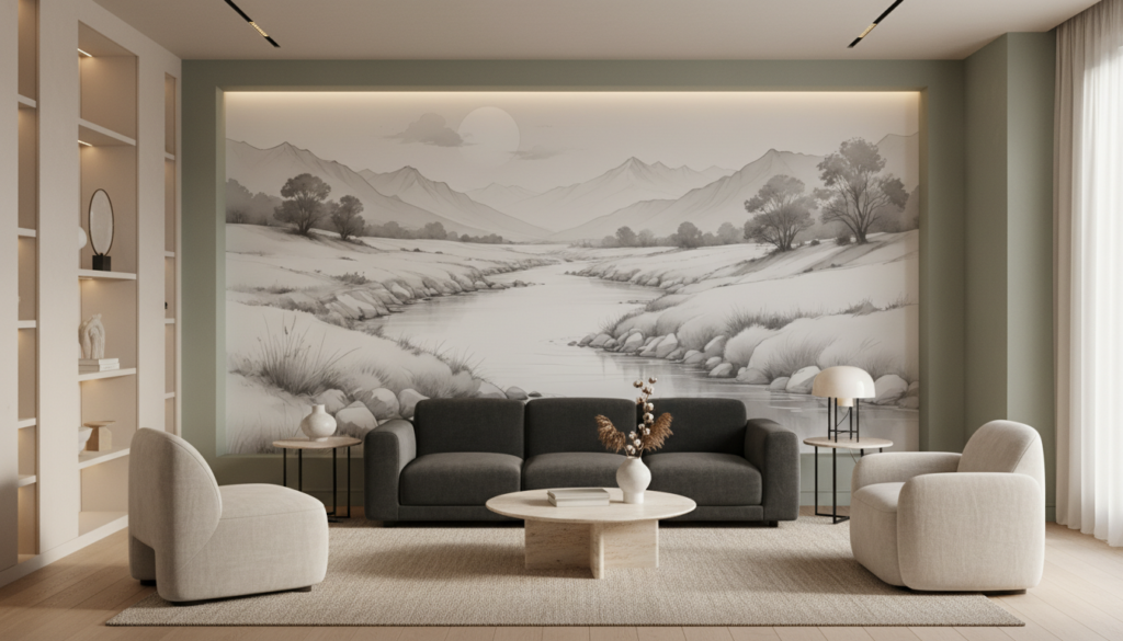 Paysage montagneux en noir et blanc avec rivière serpentine - Salon / Séjour