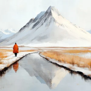 Paysage montagneux hivernal avec moine en robe orange
