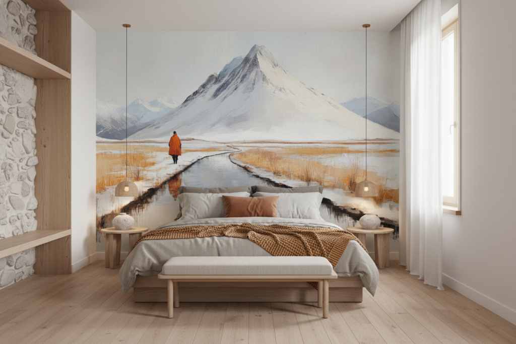 Paysage montagneux hivernal avec moine en robe orange - Chambre adulte