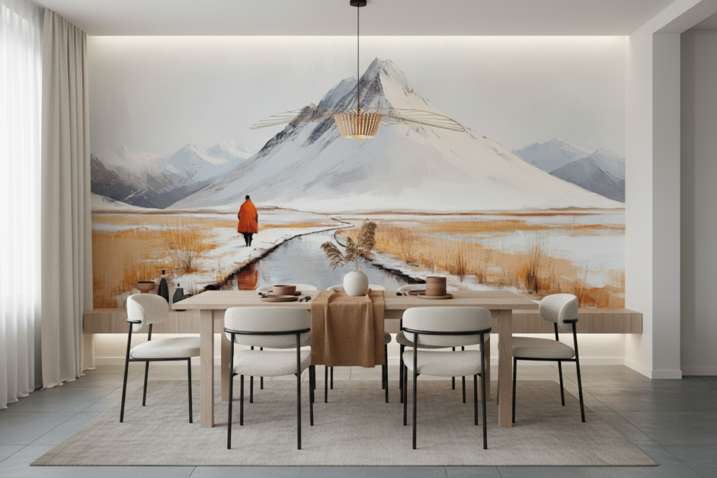 Paysage montagneux hivernal avec moine en robe orange - Salle à manger