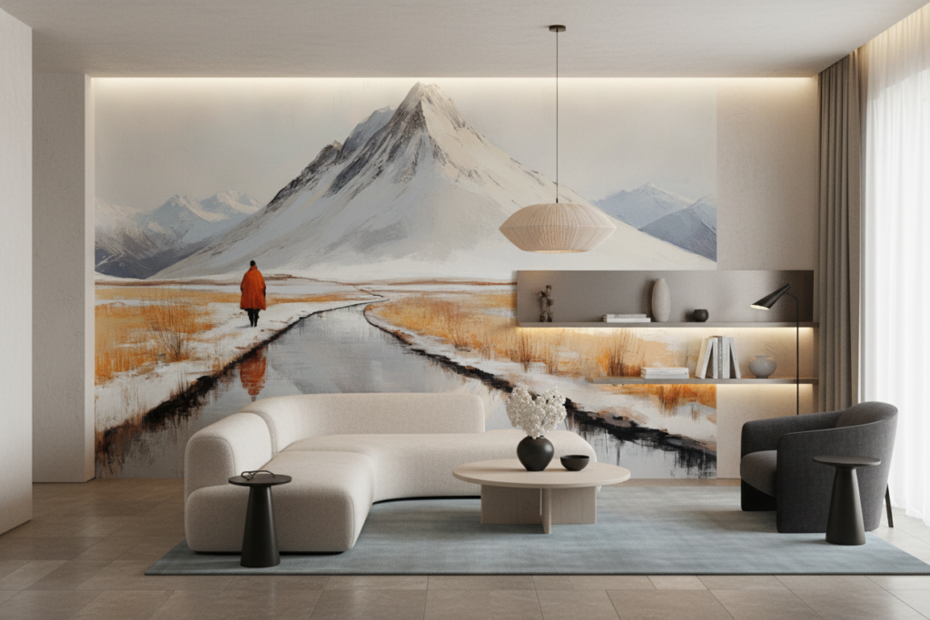 Paysage montagneux hivernal avec moine en robe orange - Salon / Séjour