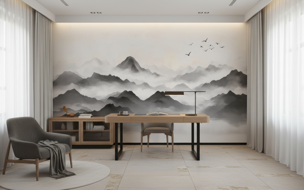 Paysage Montagneux Zen en Brume avec Lac et Oiseaux - Bureau